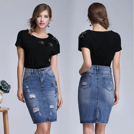

Female Embroidery Jeans Skirt Knee Length Denim Skirts Womens Long Ripped Skirts For Women Jupe Falda Plus Size 3xl 4xl