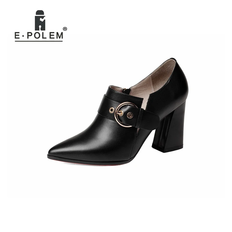 

E.POLEM Punk Buckle Female Genuine Leather Pointed Toe High Heel Shoes Boots Zip Ankle Boots Square Heels Women Fashionable