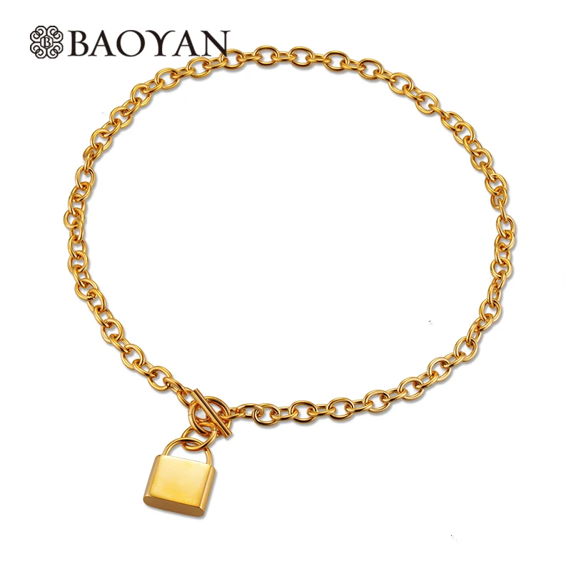 

BAOYAN Gold Plating Stainless Steel Cuban Link Chain Necklace Forever Love Women Necklace Golden Lock Pendant Necklace For Women