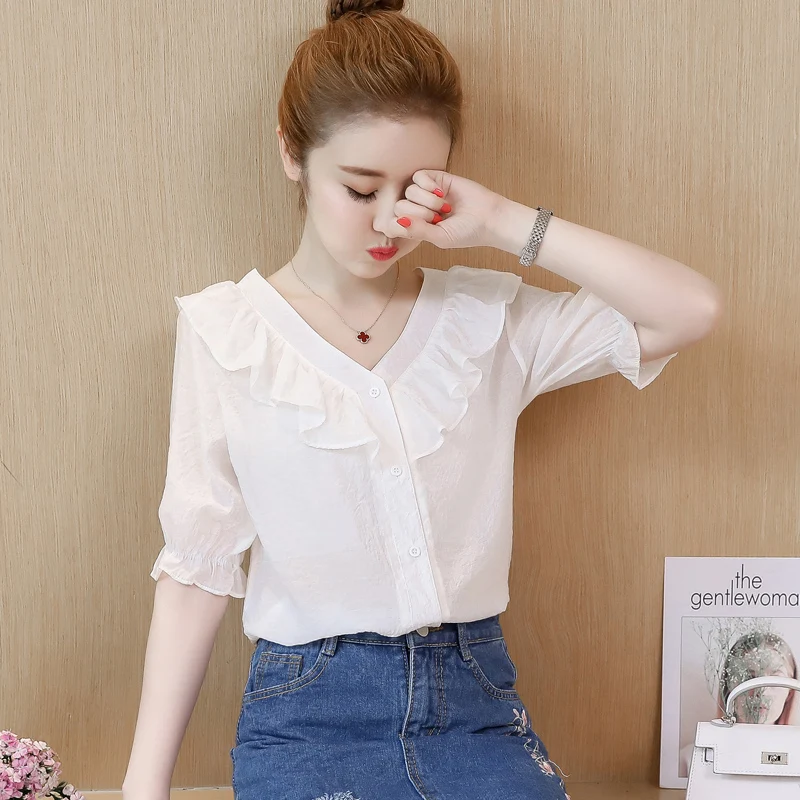 

Top selling product in 2019 Summer short sleeve blouse White shirt female New Youth clothing Fashion V-neck women's chiffon tops