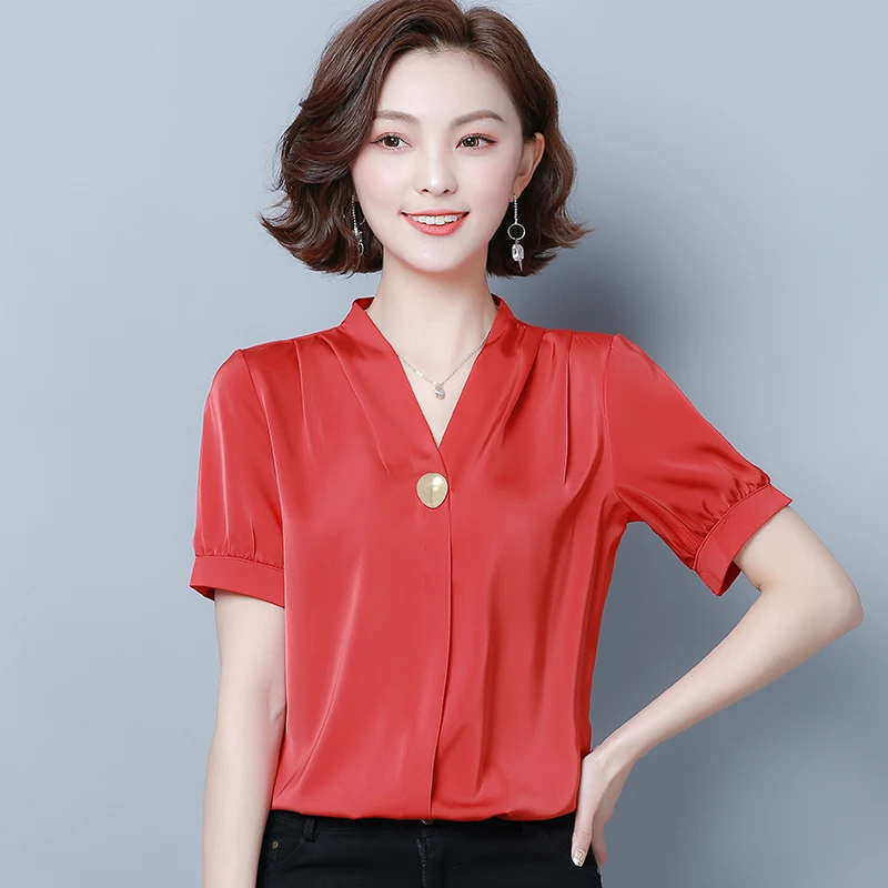 

Casual Summer Silk Women Blouses Stand Short Sleeve Black Women Shirts Plus Size XXXL/4XL Blusas Femininas Elegante Ladies Tops