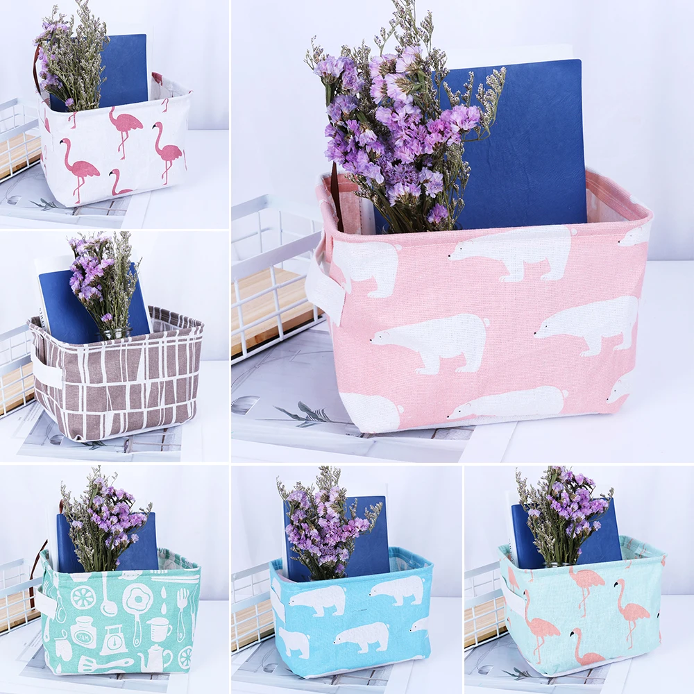 

1pc Cotton Linen Desktop Fold Storage Box Cute Square Printing Waterproof Organizer 20*16*12cm Clothes Storage Basket