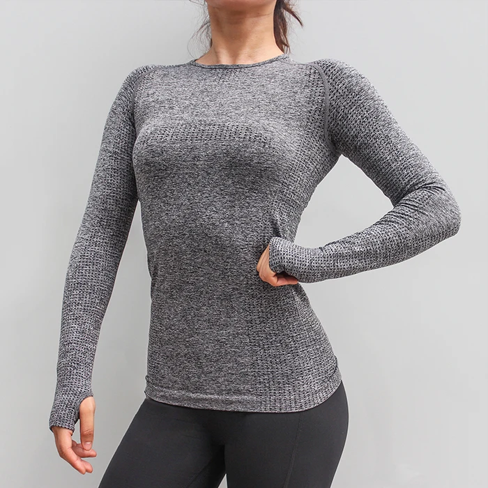 Бесшовный дышащий Топ Для Йоги твердый высокоэластичный облешающий тренировочный топ с длинным рукавом для женщин бодибилдинг спортзал фитнесс рубашка - Цвет: Grey