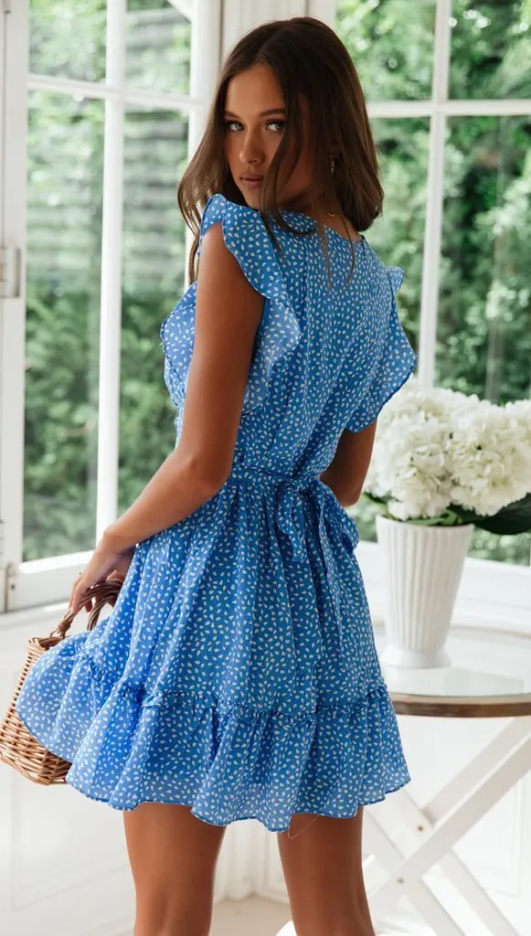 DEAT 2020 Summer Bohemian Short Butterfly Sleeve Ruffles V Neck Blue Polka Dot Mini Dress Vintage Women MF183