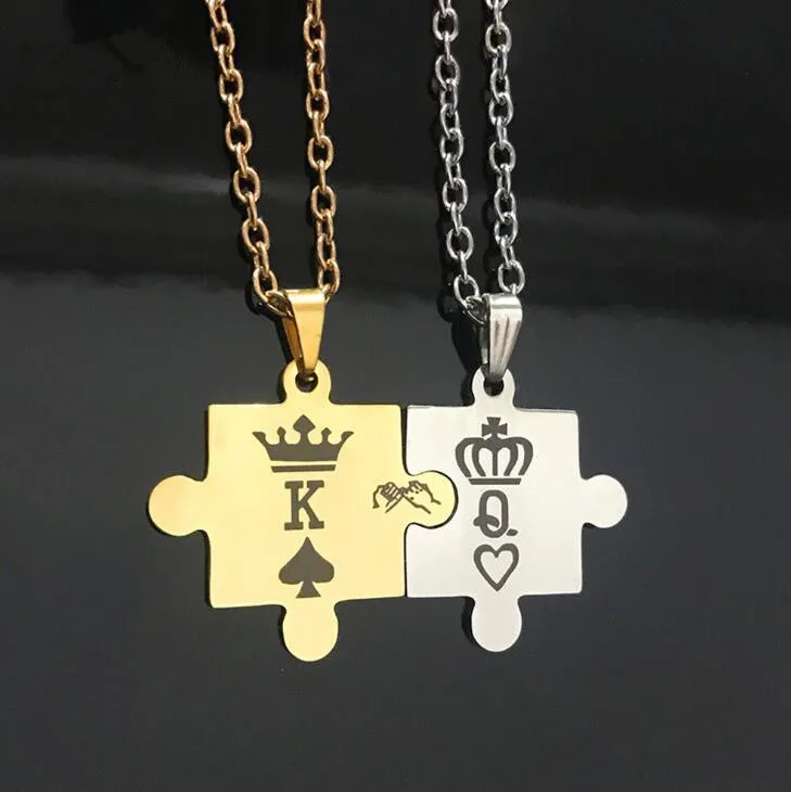 

Her King His Queen couple necklace Mens Womens Couples Stainless Steel Puzzle jigsaw Pendant Love Necklace Valentine's day gift