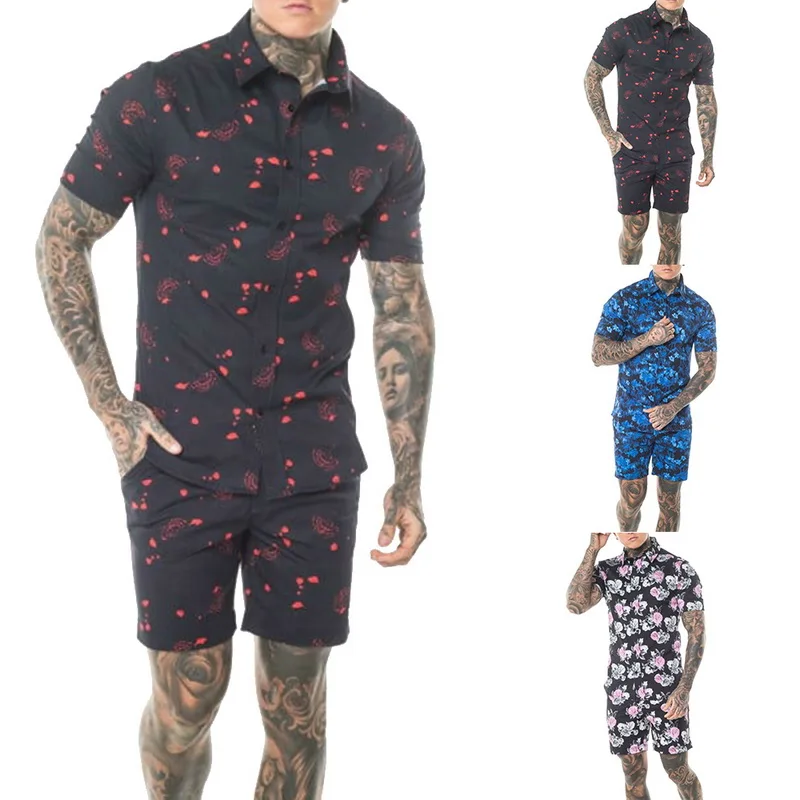 

2019 Summer Design Printed Overalls Mens Rompers 3D Flower Printed Casual Short Jumpsuit Beach Sets One-piece Outfits Playsuit
