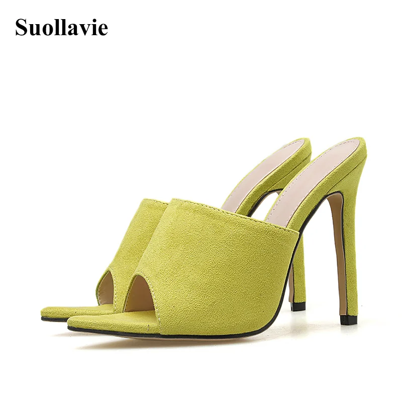 

2019 Summer New Slippers Flock Thin High Heels Sandals Open Toe Sexy Pumps Pointed Toe PU Female Classic Yellow Mules Shoes