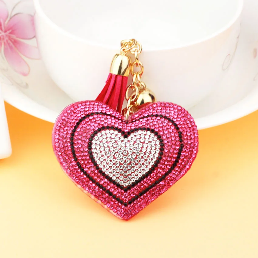 

2019 Fashion Heart Keychain Female Cute Key Chains Key Covers the Rhine stone Mosaic leather fringed key cap gift