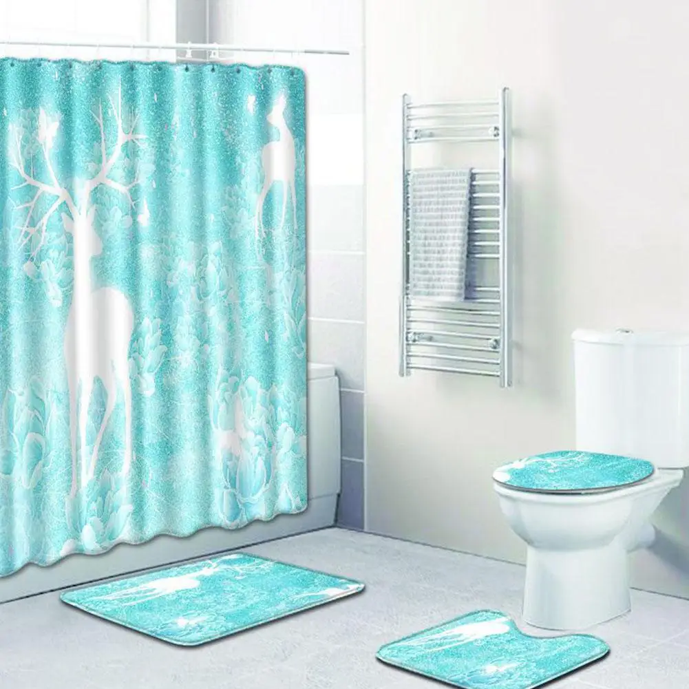 4pcs / set Elk series Printed Pattern Shower Curtain Pedestal Carpet Lid Toilet Cover Mat Bath Mat Set Bathroom Curtains with 12 hooks - Цвет: 3