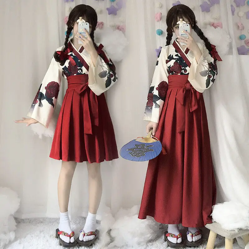 

Daily Vintage Chinese style Camellia Print Women's Japanese Kimono Lolita Hanfu Suit Soft Sister Two piece suit Dress
