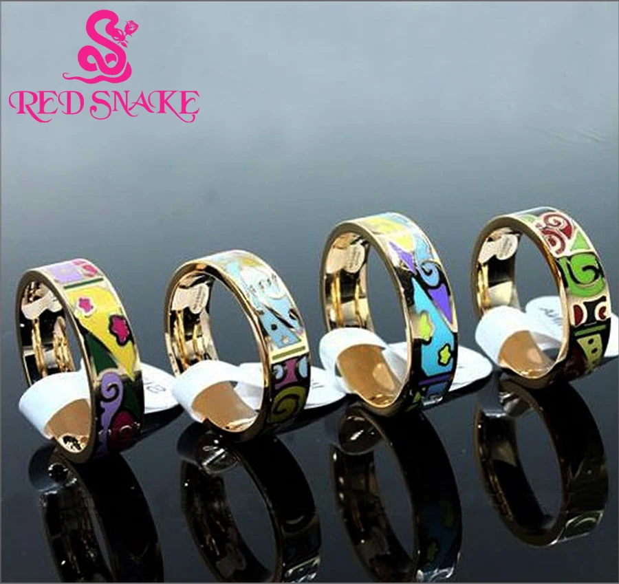

RED SNAKE Newest Ring Thin 0.6cm Width Rose Gold-color Ribbon Abstract Pattern Design Enamel Jewelry Ring, 1 Piece/pack
