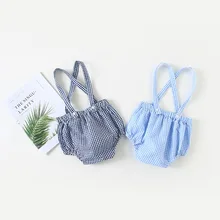 Для новорожденных Свитеры для девочек клетчатый комбинезон подтяжки Brace Брюки Шорты Детская одежда военно-морского флота и небесно-голубой Прямая