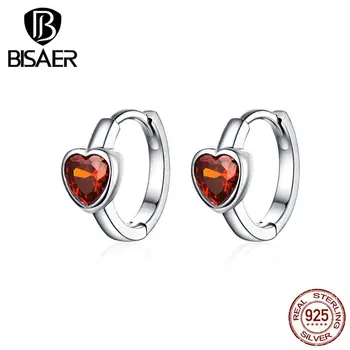 

Bisaer 925 Sterling Silver Earrings Unique Love Red Heart Hoop Earrings For Women Luxury Fashion Jewelry Best Gifts HVE084