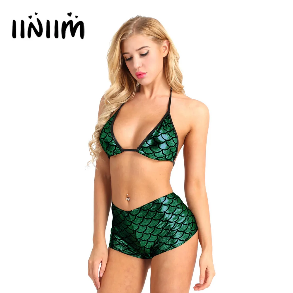 iiniim Women Two Pieces Glitter Mermaid Bikini Summer Lingerie Set Halter Brief Sets Bra Top