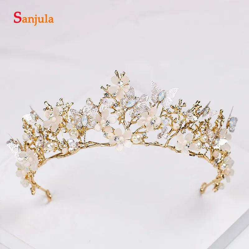 

Gold Branches Bridal Tiara With Flowes Butterflies Crystal Pearls Women Headband New Wedding Crown Marriage Accessory T001