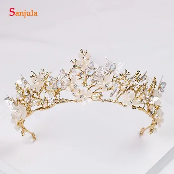 

Gold Branches Bridal Tiara With Flowes Butterflies Crystal Pearls Women Headband New Wedding Crown Marriage Accessory T001