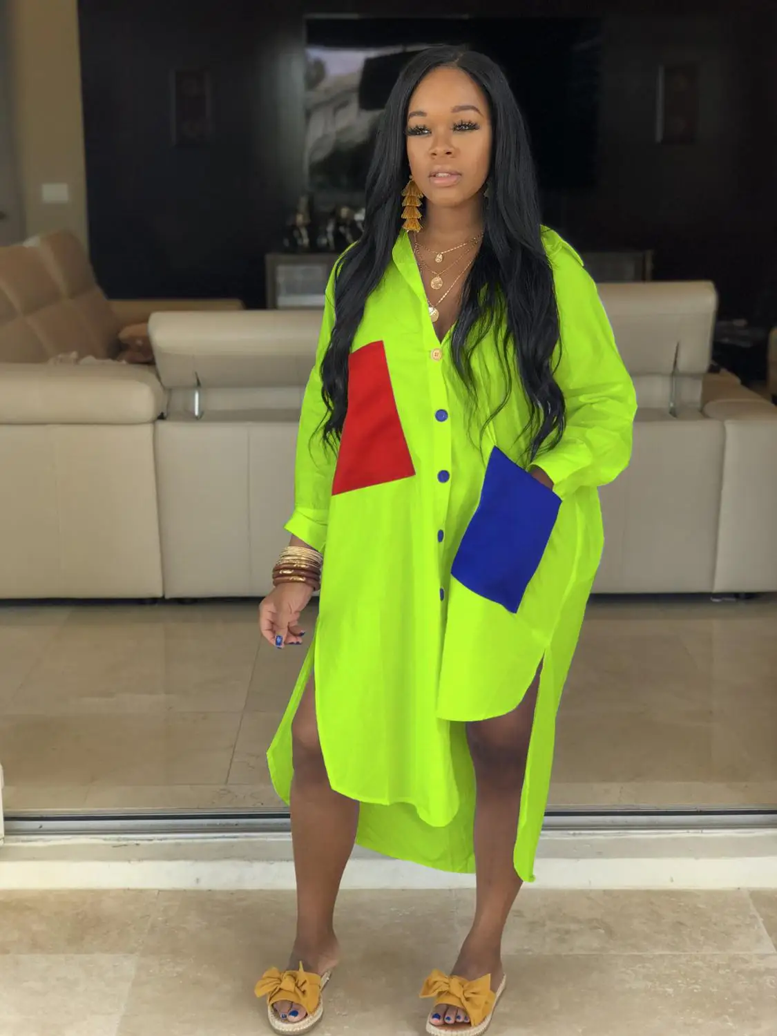 

New Women Shirts Dresses Patchwork Long Design Long Sleeve Loose Blouses Pockets Dresses Green White Red