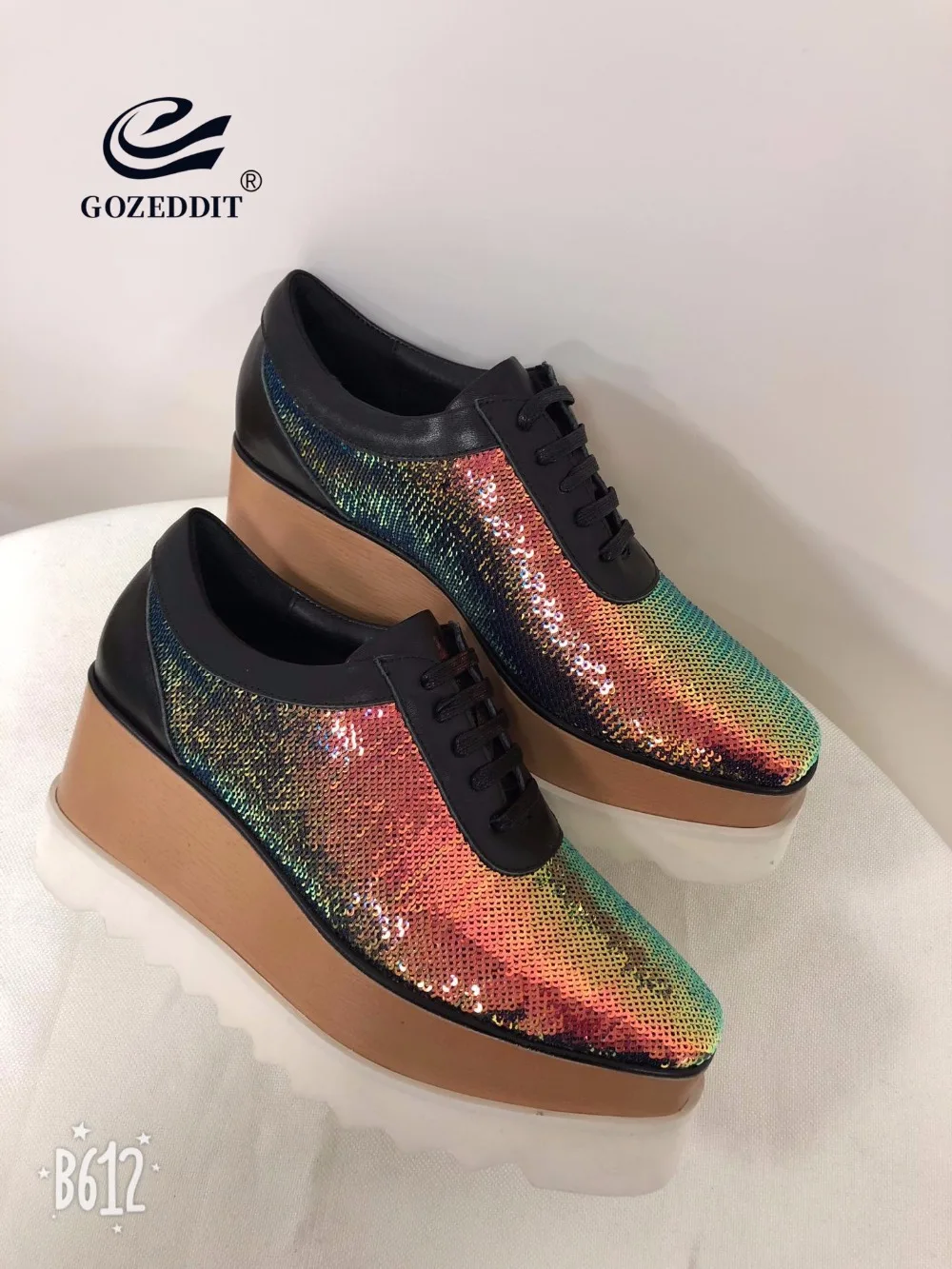 

GOZEDDIT Bling Wedges Shoes Women Cow Leather Platform Sneak Lace-up Spring Comfortable Footwear
