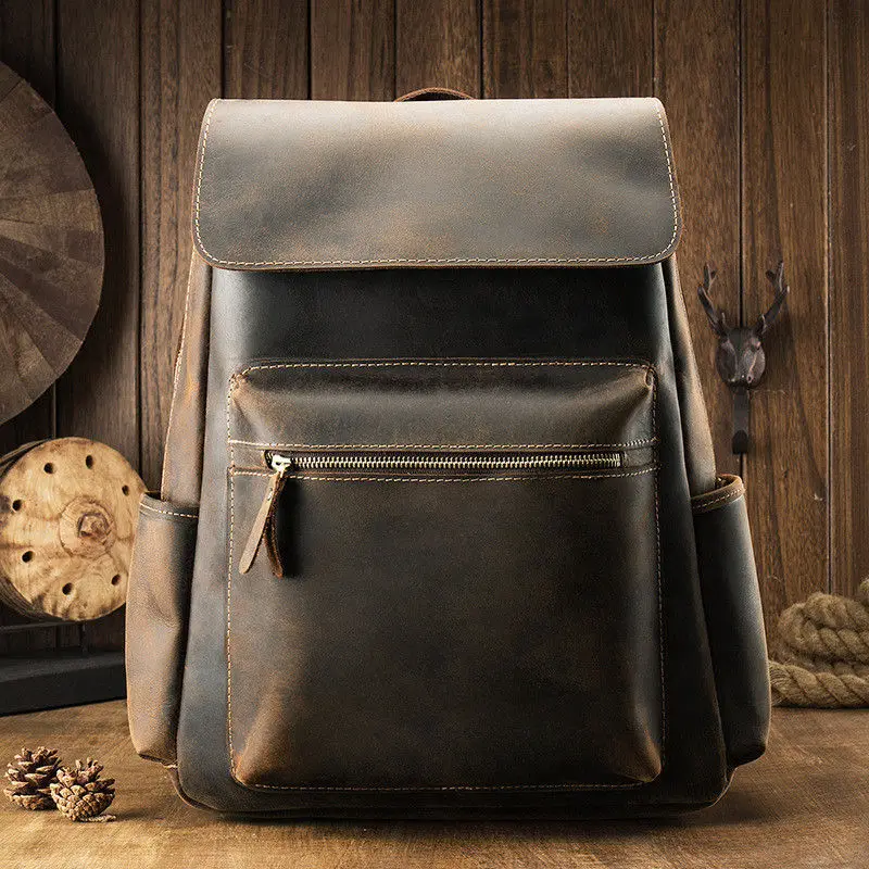 PNDME simple vintage genuine leather men's backpack ladies large rucksack casual crazy horse cowhide daily laptop bookbag - Цвет: Dark brown