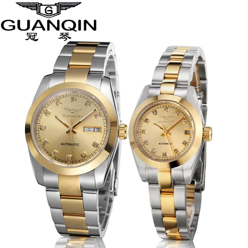 GUANQIN Gold Couple Watch Men Women Mechanical Watch Luminous Calendar Week Waterproof Rhinestones Automatic Lovers Watches (2)