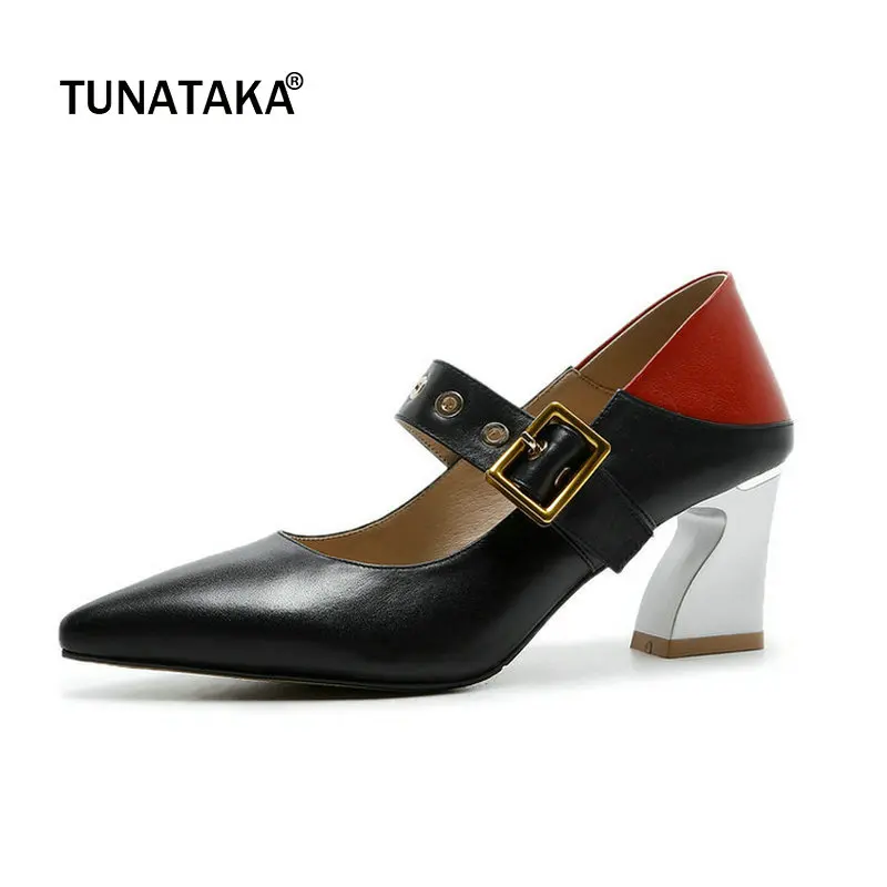 

Genuine Leather Comfort Hoof High Heel Pointed Toe Woman Pumps Fashion Buckle Dress High Heel Shoes Woman Black Beige
