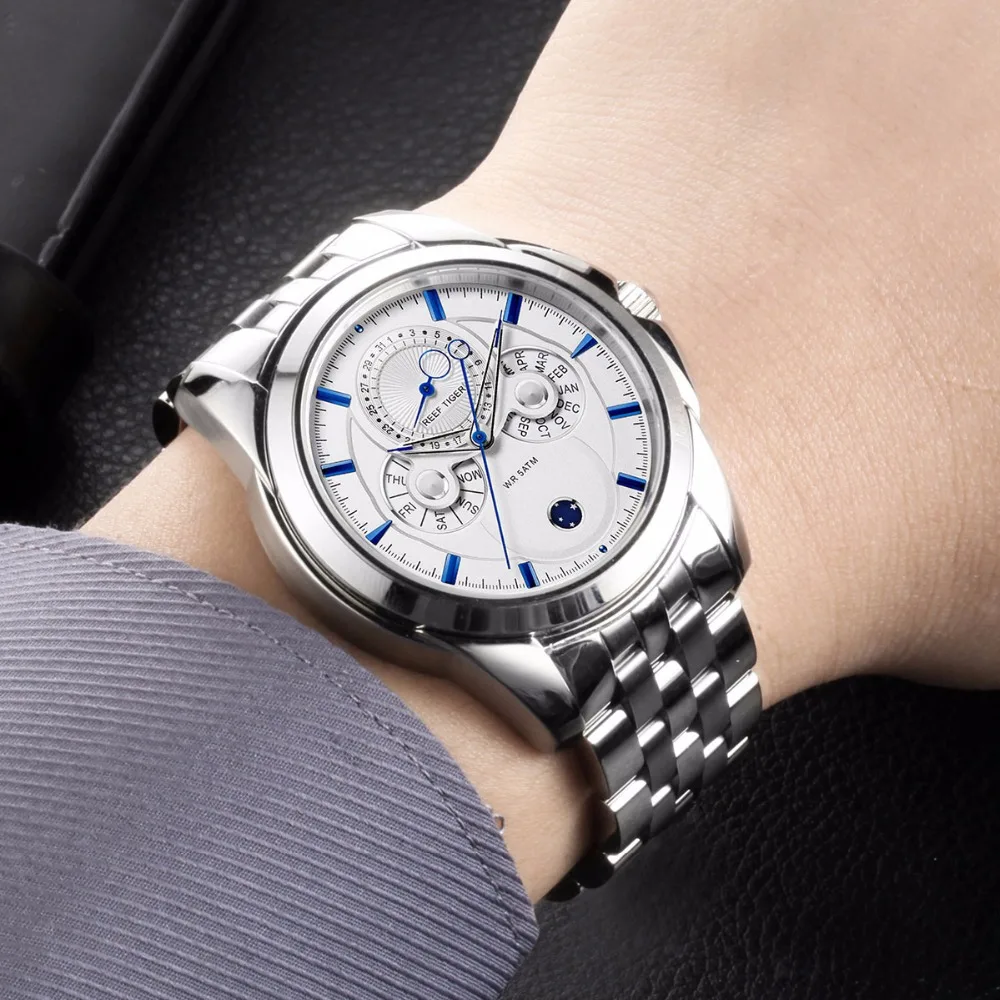  Reef Tiger/RT Watch Casual Business Complicated Watch with Date Calender Moon Phase Watch for Men R