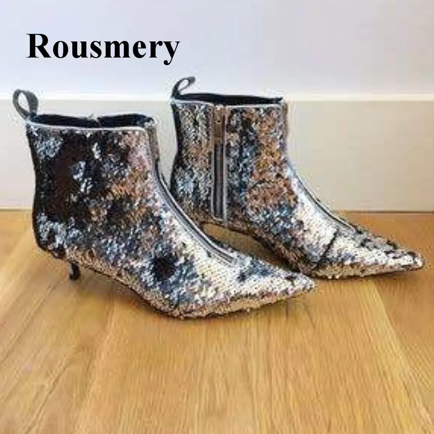 

2018 Short Boot Zipper Design Bling Bling Vamp Pointed Toe Thin High Heel Autumn And Winter Genuine Leather Women Ankle Boots