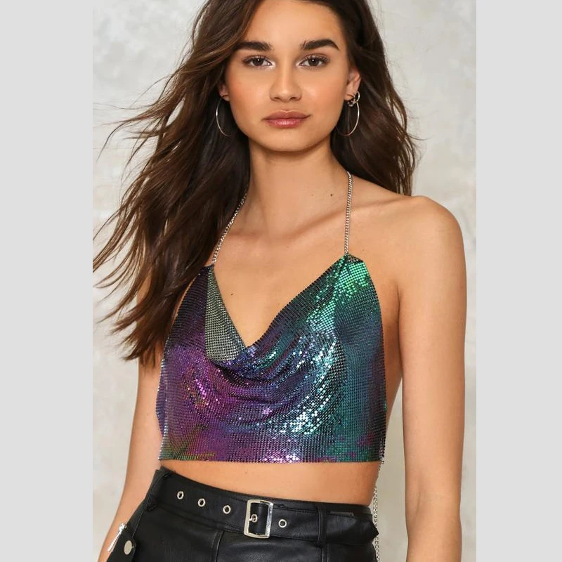 

2018 Sexy Metal Sequined Tank Camis Women Summer Chain Halter Top Backless Cropped Glitter Tops Beach Club Show Wear Tank Tops
