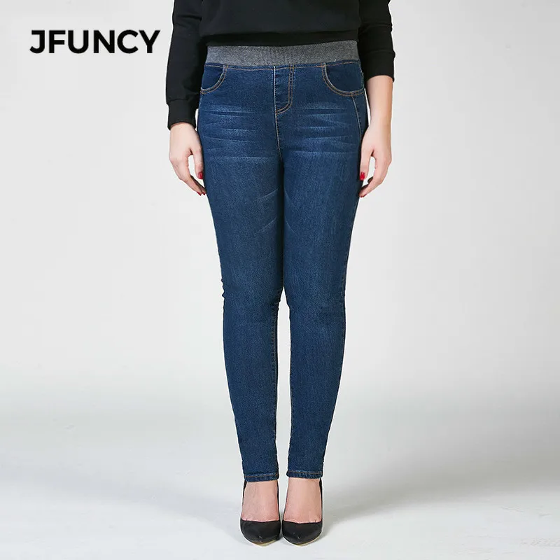 

JFUNCY 2019 Spring Plus Size Jeans Mid Elastic Waist Stretch Ankle Length Jeans for Women Skinny Pencil Capris Jeans