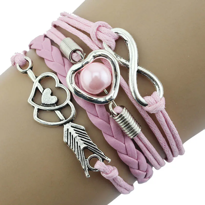 Горячие кожаные браслеты женские обернуть жемчуг в форме сердца дружбы Античная Кожа браслет Бохо@ 50 - Окраска металла: Pink