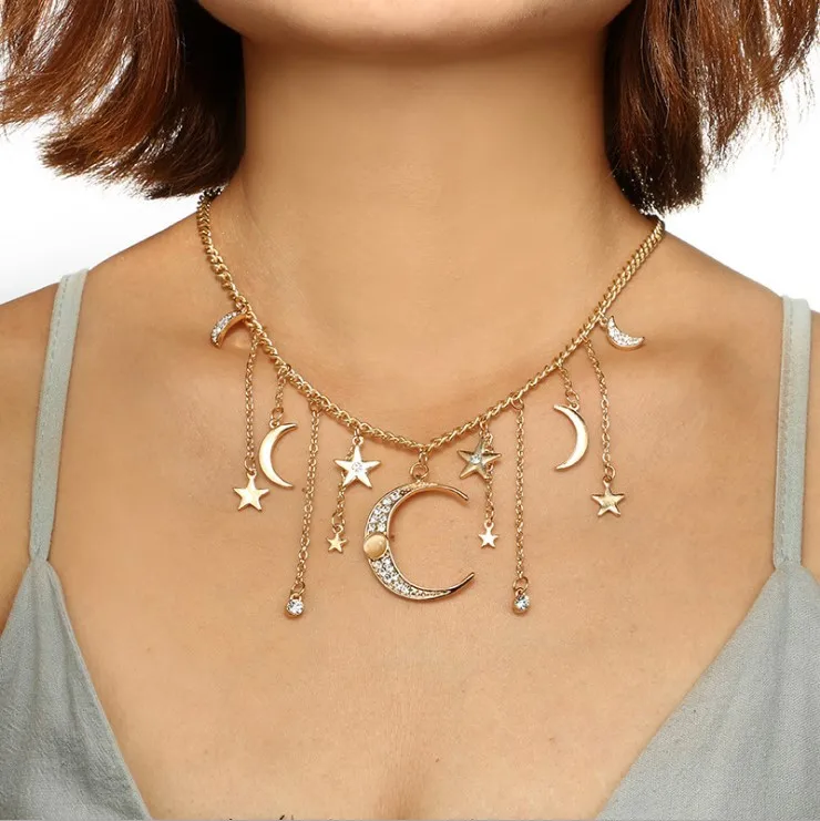

Fashion Jewelry Alloy Zircon Star Moon Tassel Pendant Chain Long Single Layer Necklace