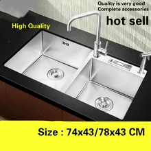 Квартира высокого качества кухня ручная раковина двойной паз стандарт 304 нержавеющая сталь Горячая 74x43/78x43 см
