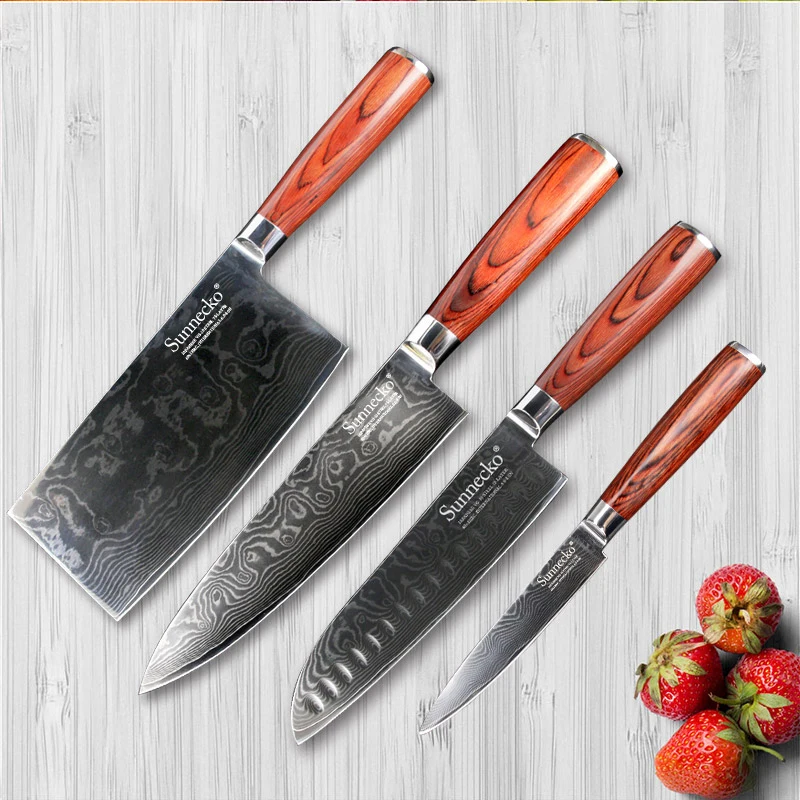 

SUNNECKO 4PCS Kitchen Knives Set 73 Layers Japaness VG10 Damascus Steel Cleaver Utility Chef Santoku Knife Pakka Wood Handle