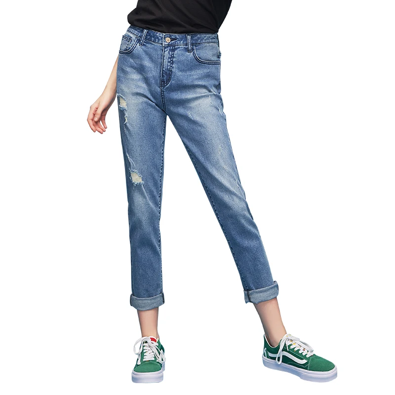 Toyouth 2018 Autumn Ripped Jeans for Women Streetwear Hole Washing Bleached Denim Pants Hemming Loose Pencil Pants for Female