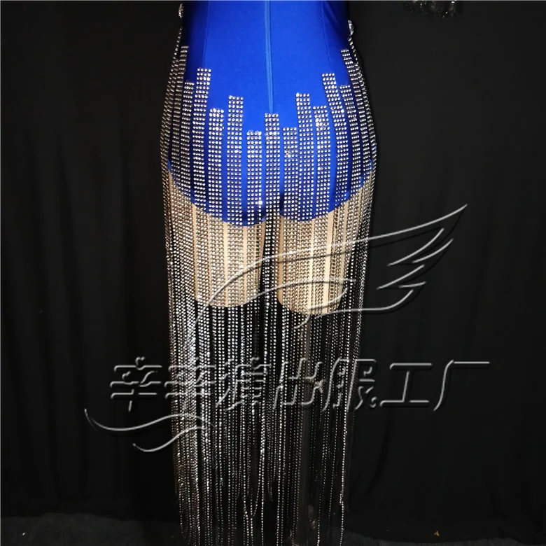 Women New Blue Tassel Sexy Rhinestone Outfit Epaulet Fringes Design Bodysuit Party Dj Female Singer Nightclub Bodysuit Costume
