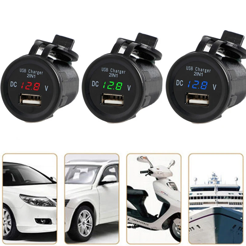 

2 In 1 2.1A Waterproof USB Charger Port Phone Blue Led Voltage Digital Display For Car Motorcycle
