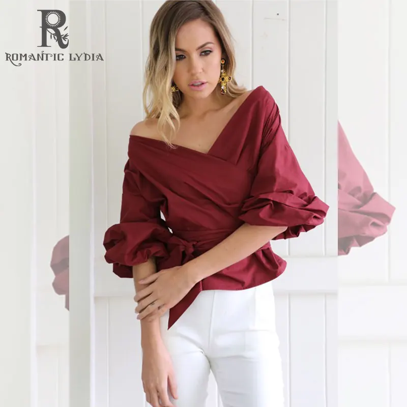 2019 Casual Off Shoulder Tops Women Summer Puff Sleeve Shirts with Sashes Lady Sexy V Neck Beach Blouse |