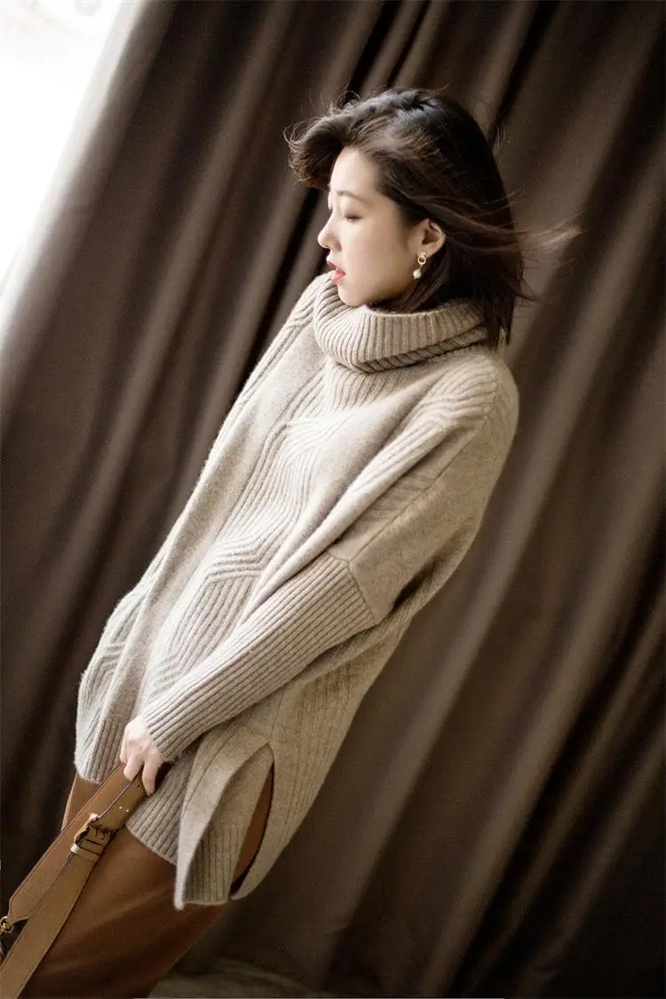 Осенний и зимний кашемировый свитер с высоким воротом, женский модный комплект, свободный шерстяной свитер, Однотонный свитер