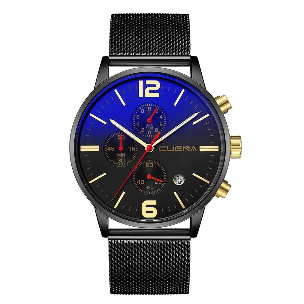 

Fashion Men Stainless Steel Mesh Band Date Glow in The Dark Pointer Quartz Wrist Watch