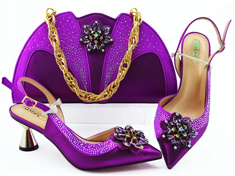 

Purple Color Italian Shoes with Matching Bags Set Decorated with Rhinestone African Wedding Shoe and Bag Set Party Shoes and Bag