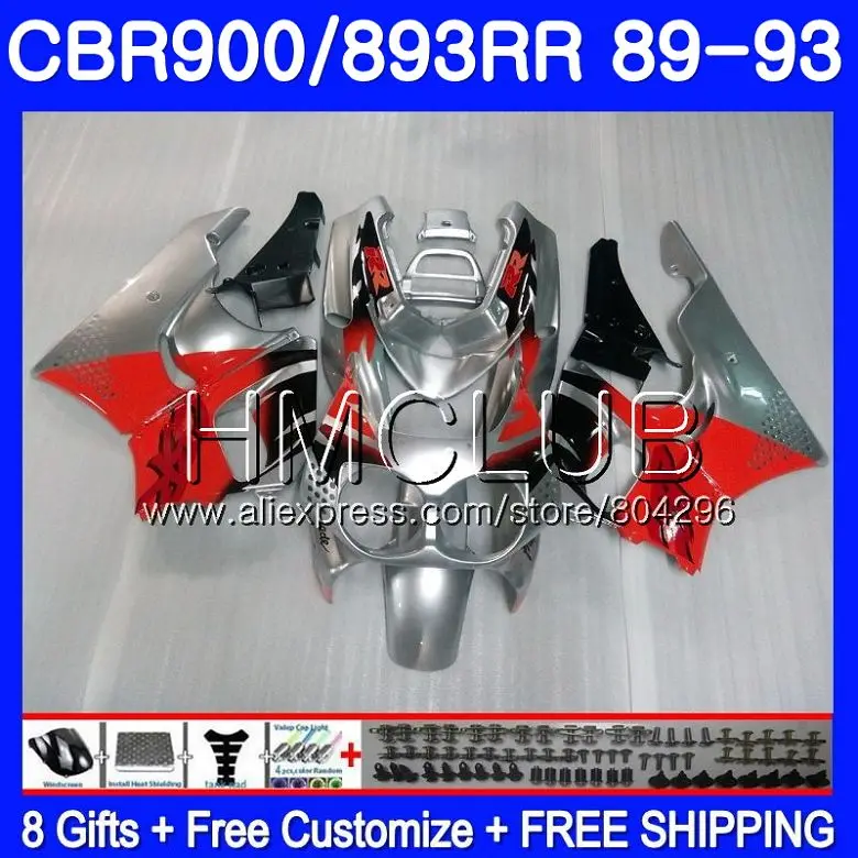Корпус для HONDA CBR900RR CBR893 RR CBR893RR 89 90 91 92 93 86HM. 23 CBR900 CBR 893RR серебристо-красный 1989 1990 1991 1992 1993 обтекатель