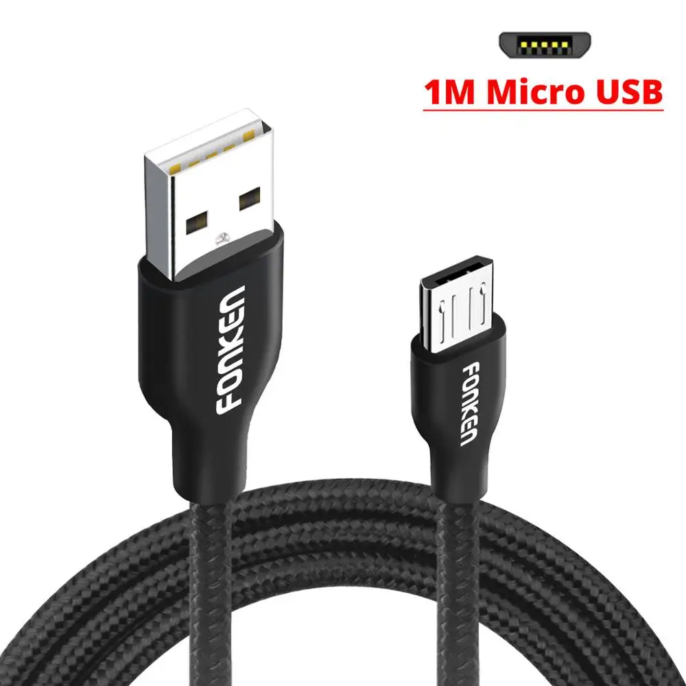 Кабель Micro USB FONKEN, быстрое зарядное устройство, кабель для телефона, Макс. 2,4 А, шнур для зарядки, нейлоновый плетеный провод, кабели для передачи данных для мобильных телефонов Android - Цвет: Black