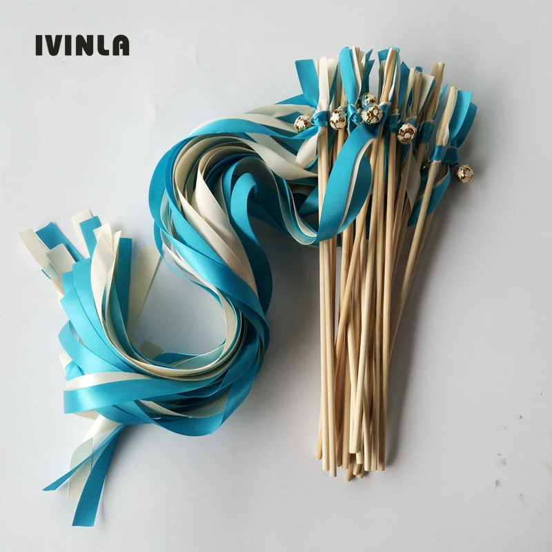 

Newest 50pcs/lot blue and cream stain wedding ribbon wands with colorfull bell for wedding party