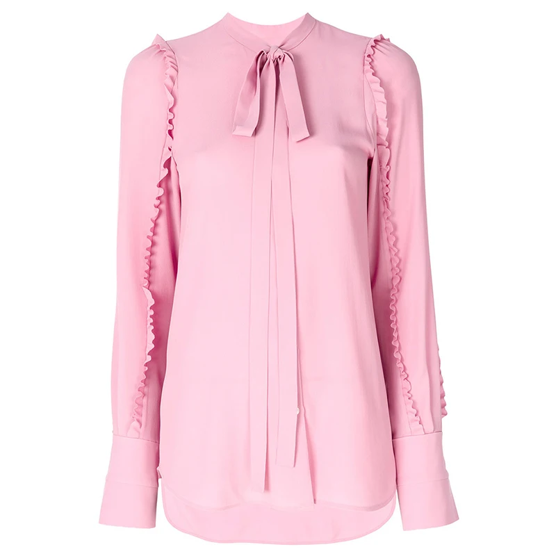  TWOTWINSTYLE Ruffles Shirt Female Chiffon Lace Up Bow Flare Sleeve Asymmetrical Long Blouse 2019 Sp