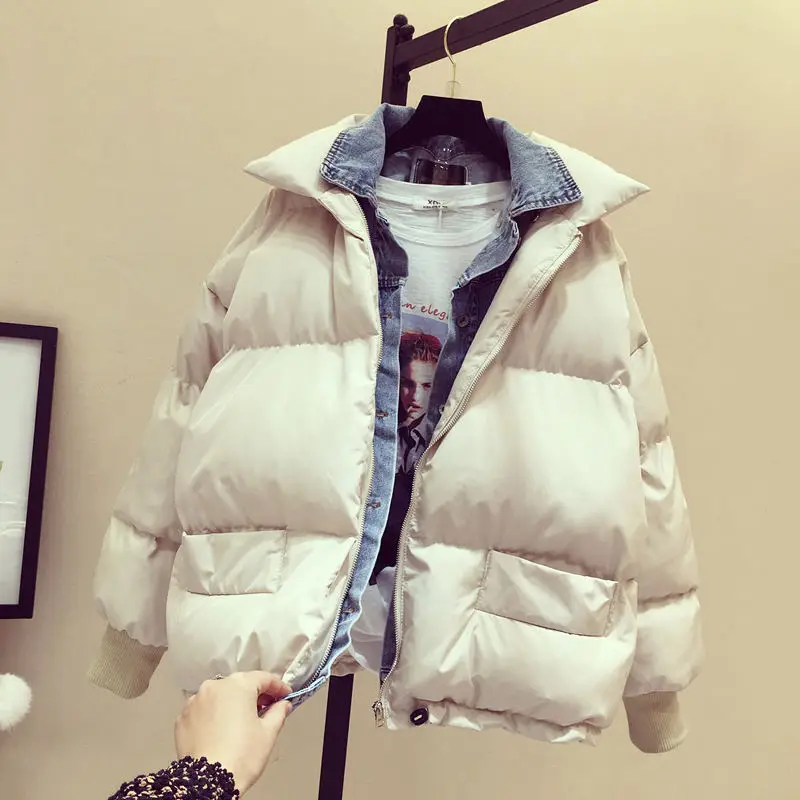 

Winter Jacket Women Denim Stitching Bread Coat Women Plus Size Warm Down Cotton Parka Campera Mujer Thicken Woman Jacket C4688