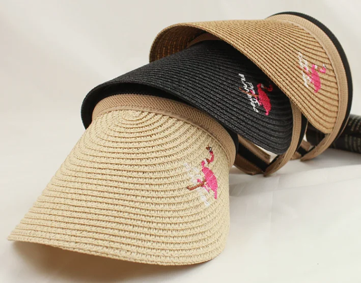 

Sun Hats Female Flamingo Embroidered Visor Caps New Woman's straw hat Summer Cap Casual Shade Hat Empty Top Hat Beach