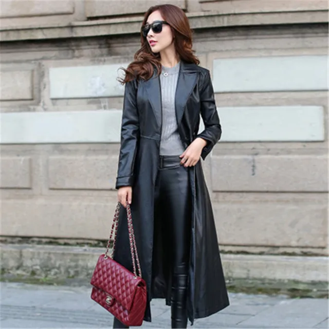 Women Leather Trench Coats With Bow Tie Waist Ladies long Faux Leather ...