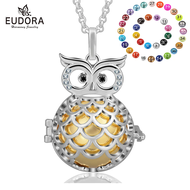 

Eudora Pregnancy Jewelry Shiny Crystal Owl Animal Locket Cage Pendant fit 20mm Colorful Mexican Ball Harmony Bola Ball Pendant