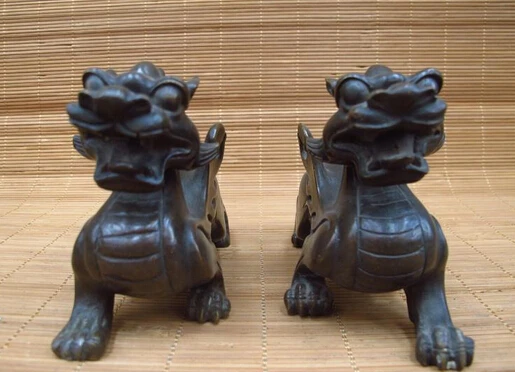 

bi003624 China FengShui Pure Bronze Wealth talisman Door Unicorn Dragon Kylin Statue Pair