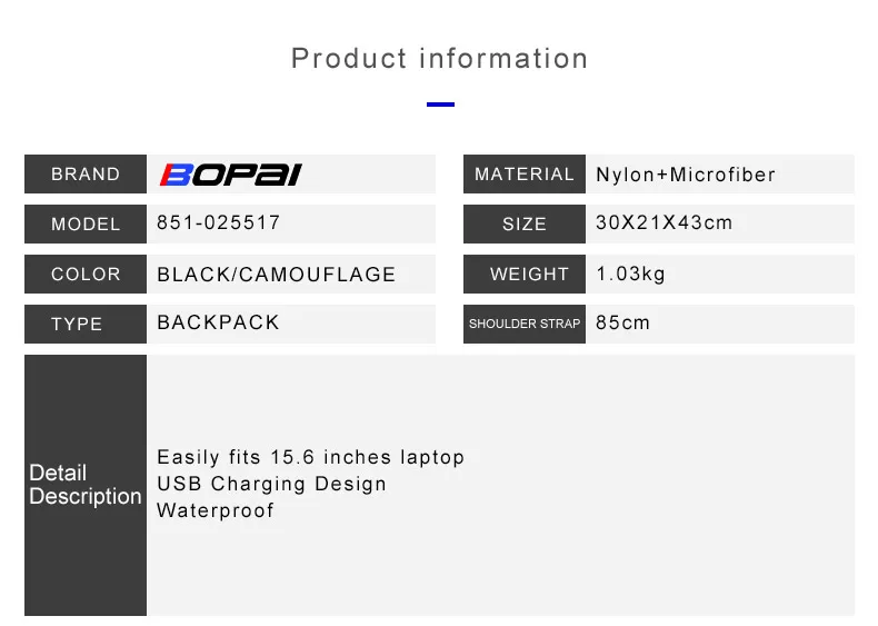 BOPAI рюкзак мужской USB Противоугонный деловой рюкзак для 15,6 дюймов ноутбук рюкзак черный рюкзак школьный рюкзак дышащий рюкзак